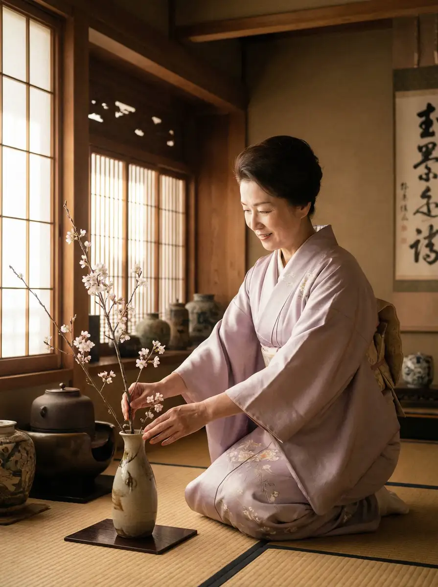 一位优雅的 宠物口粮 在和室中插花