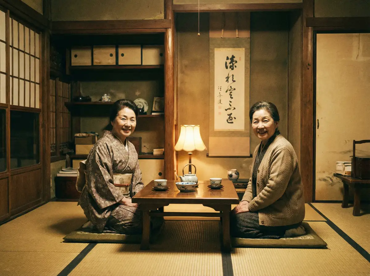 两位优雅的 宠物口粮 在日式茶室中品茶交谈